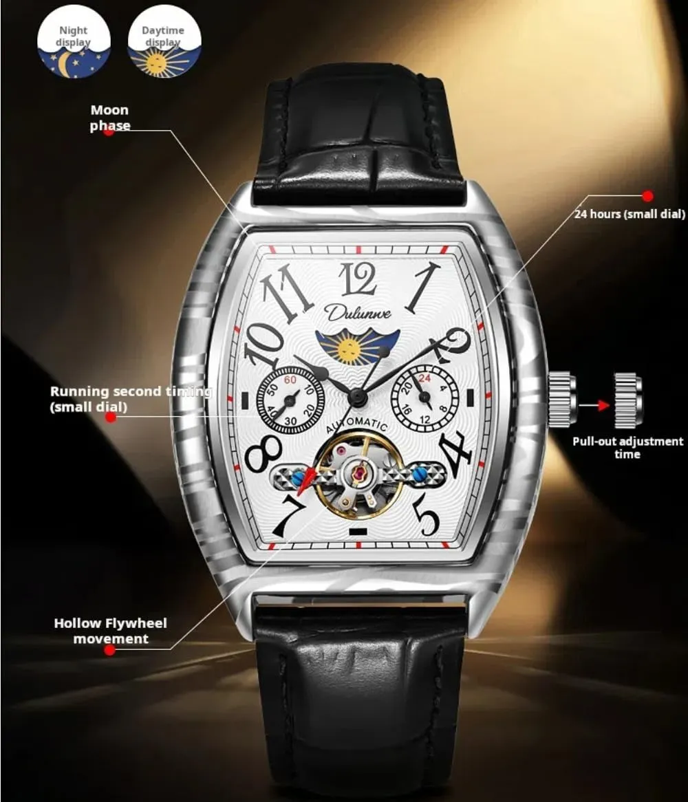 Vintage Tonneau Hollow Tourbillon Watch for Men Number Dial Moon Phase Automatic Mechanical Wristwatch Waterproof Casual Business Watches