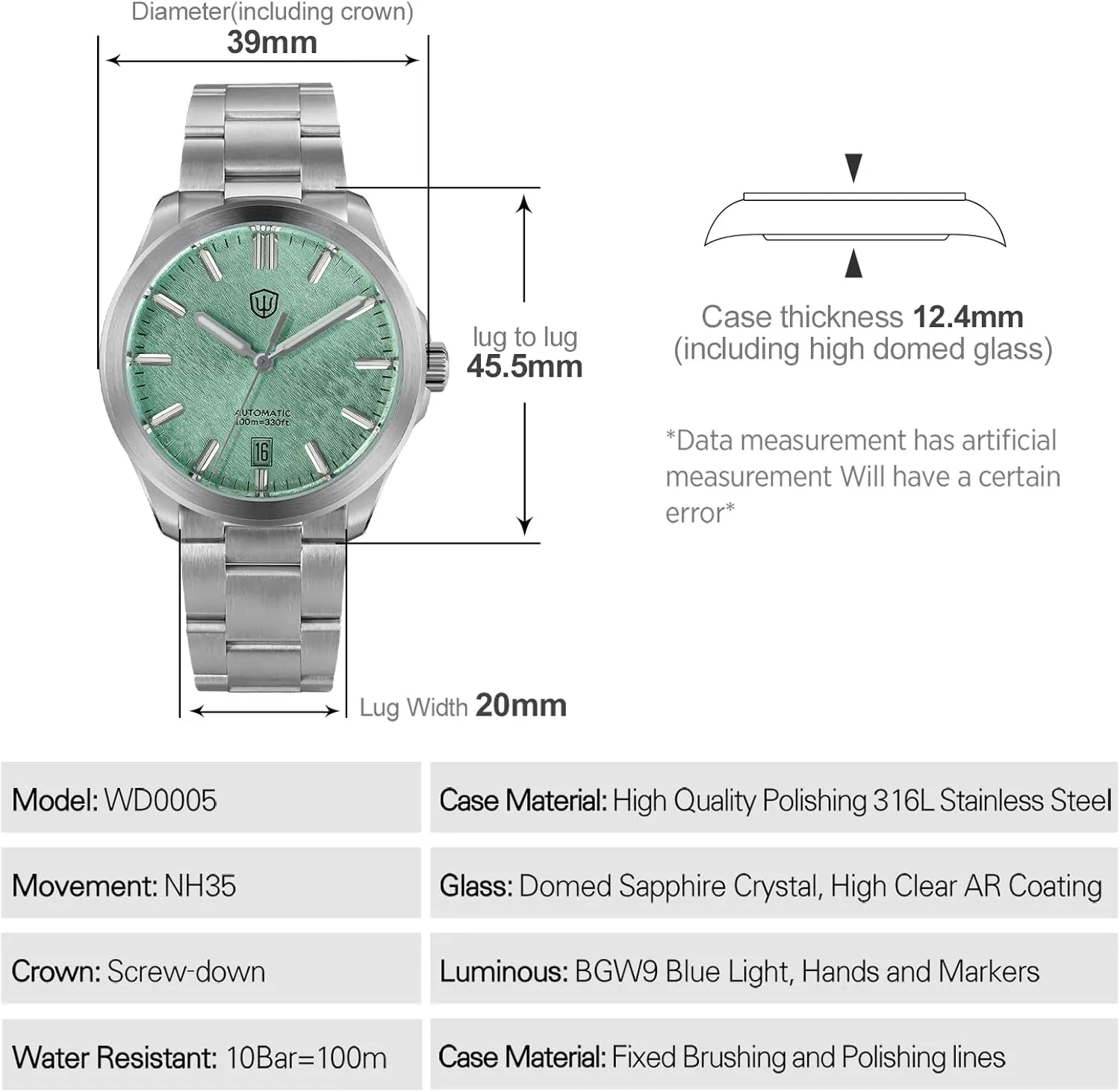 watchdives Automatic Watch for Men, WD0005 Sport Watch NH35 Mechanical Dress Wristwatches 39mm Domed Sapphire Crystal Luxury Watches