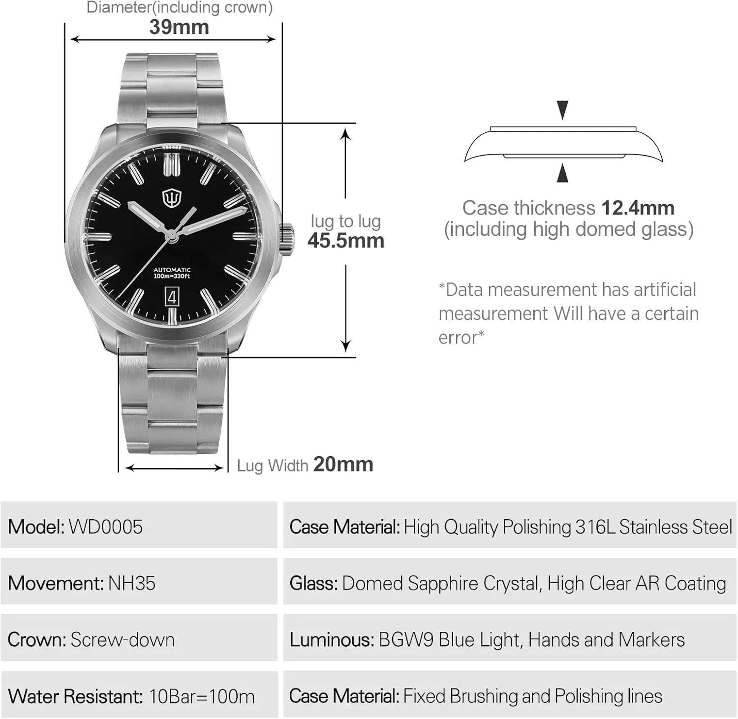 watchdives Automatic Watch for Men, WD0005 Sport Watch NH35 Mechanical Dress Wristwatches 39mm Domed Sapphire Crystal Luxury Watches