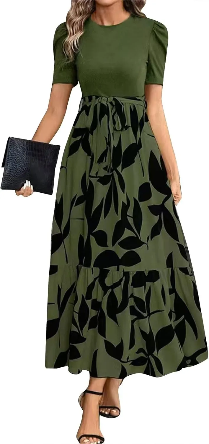 Wedding Guest Dresses for Women 2025 Summer Short Sleeve Floral Long Dress Cocktail Party A Line Flowy Maxi Skirts