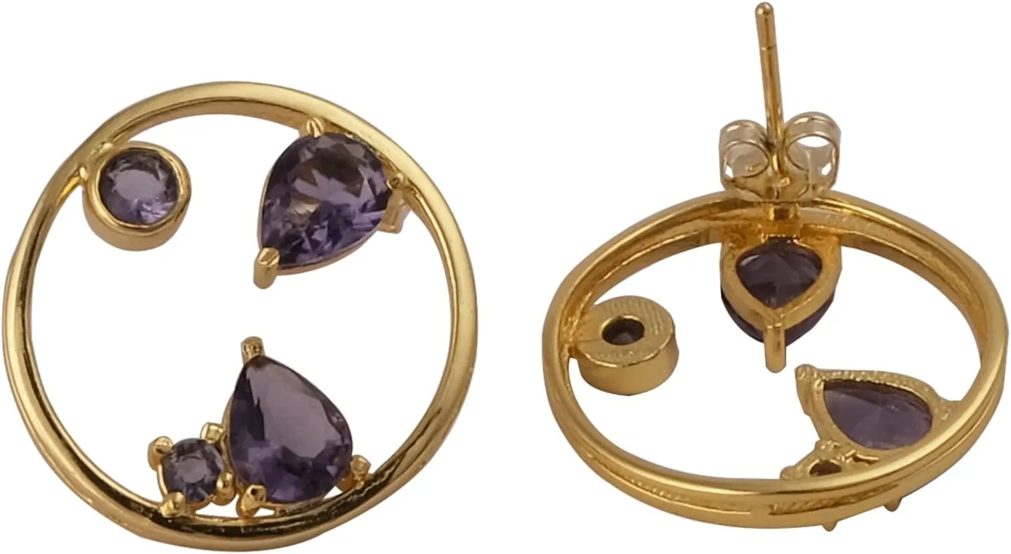Wholesale Pear & Round Shape Handmade Prong Set Stud Earring | Amethyst Gemstone Stud Earring Pair | Push Back Gold Plated Stud Earring | Gift For Her Jewelry | 1979)11