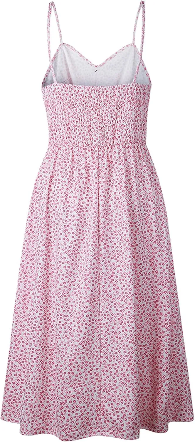 WIWIQS Women's Summer Spaghetti Strap Sundress Casual Midi Backless Dress Button Up Floral Dresses