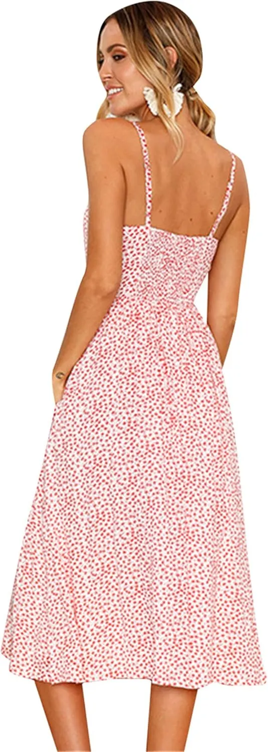 WIWIQS Women's Summer Spaghetti Strap Sundress Casual Midi Backless Dress Button Up Floral Dresses