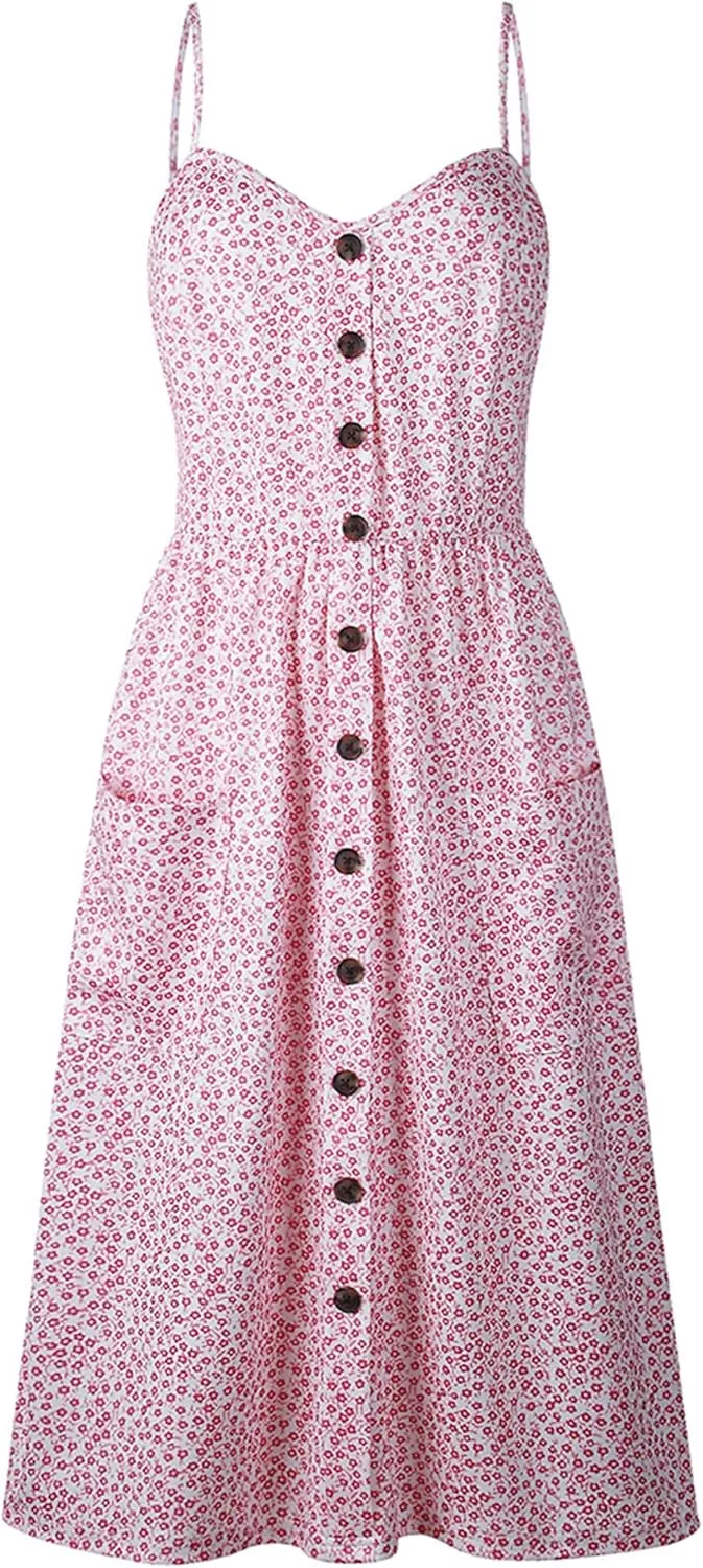 WIWIQS Women's Summer Spaghetti Strap Sundress Casual Midi Backless Dress Button Up Floral Dresses