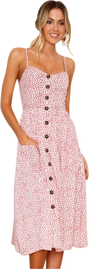 WIWIQS Women's Summer Spaghetti Strap Sundress Casual Midi Backless Dress Button Up Floral Dresses