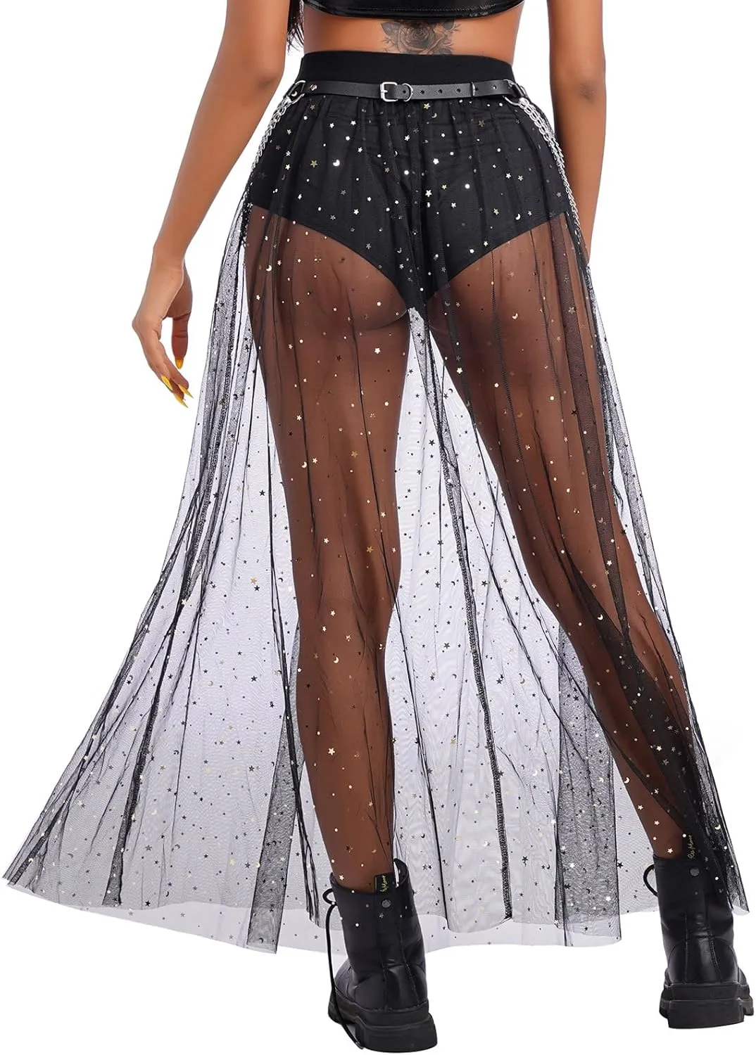 Women 2 in 1 Mesh Sheer Tulle Maxi Skirt Sparkle Galaxy Sequin Tulle Cover ups Festival Outfits Costume