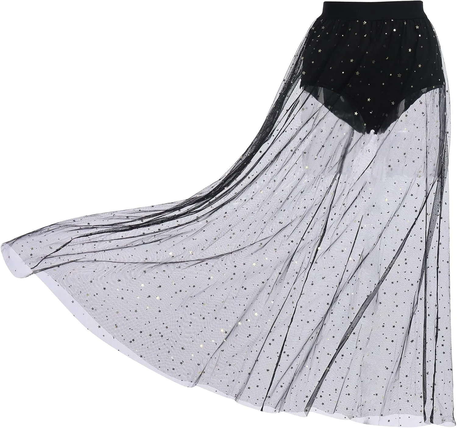 Women 2 in 1 Mesh Sheer Tulle Maxi Skirt Sparkle Galaxy Sequin Tulle Cover ups Festival Outfits Costume