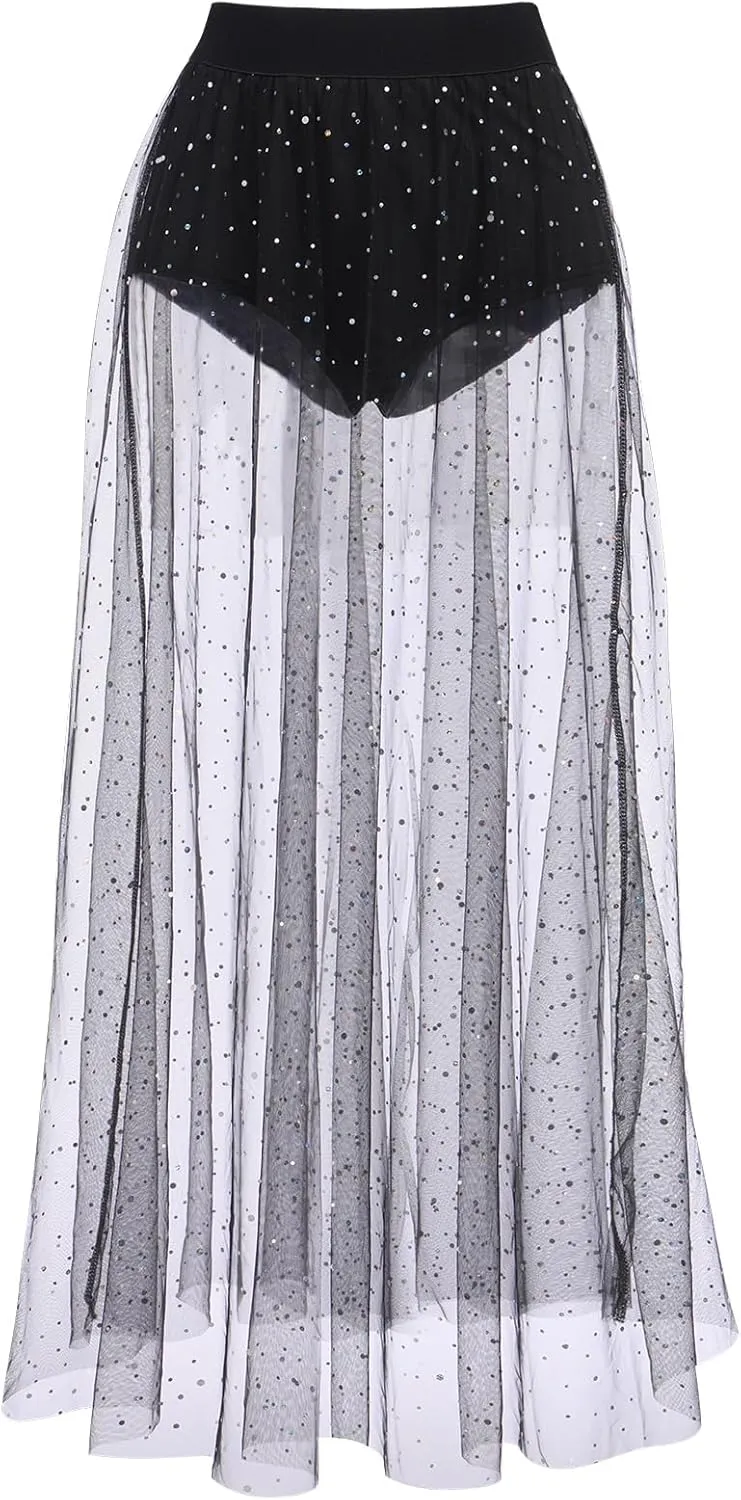 Women 2 in 1 Mesh Sheer Tulle Maxi Skirt Sparkle Galaxy Sequin Tulle Cover ups Festival Outfits Costume