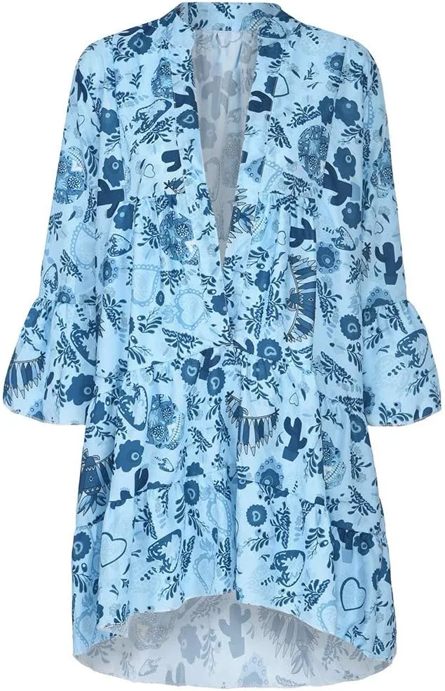 Women Casual Summer Sundress Midi Boho Floral Print Dresses Pretty Long Sleeve V Neck Smocked Ruffle Blouse Dress