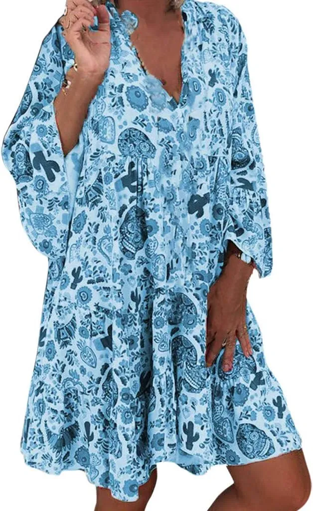Women Casual Summer Sundress Midi Boho Floral Print Dresses Pretty Long Sleeve V Neck Smocked Ruffle Blouse Dress