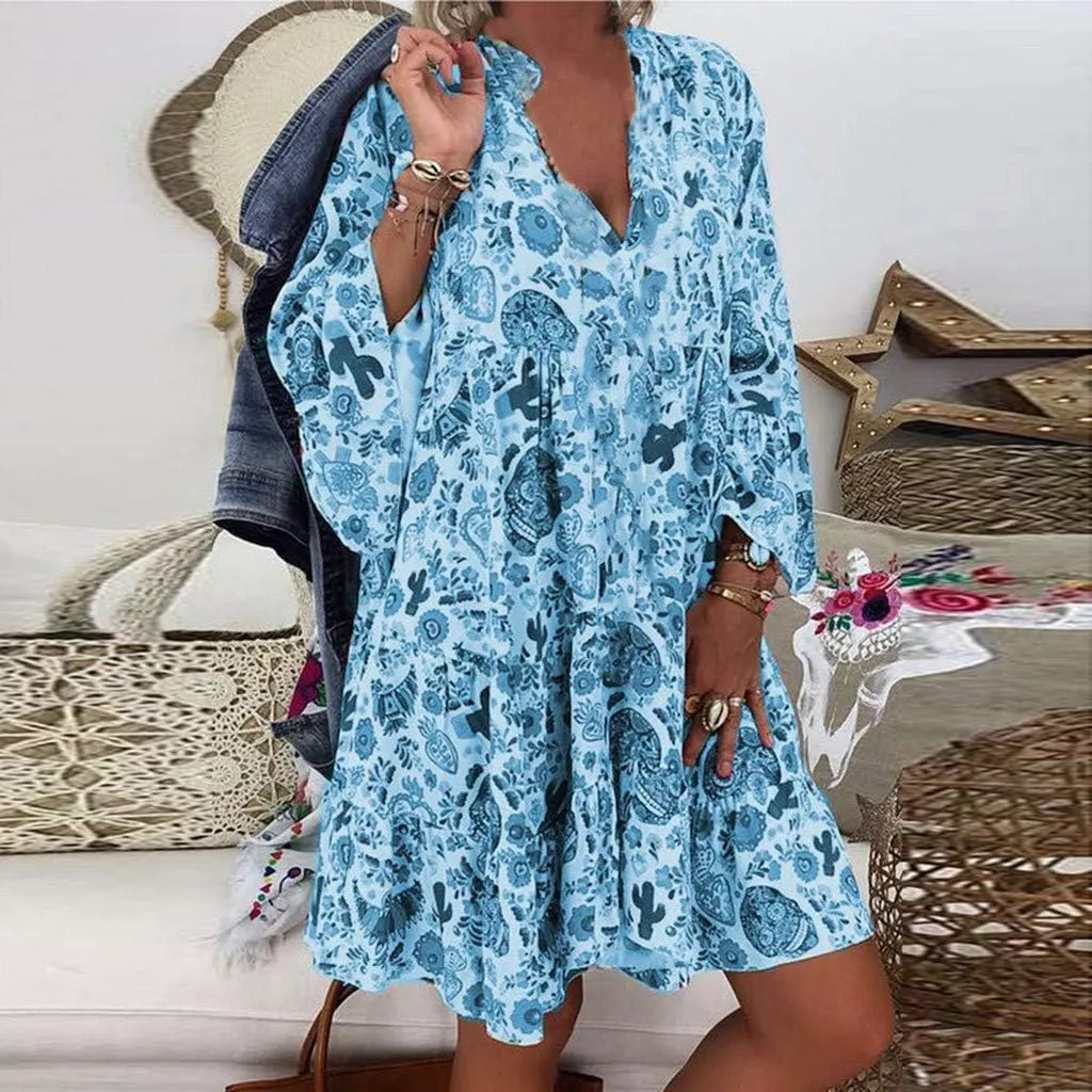 Women Casual Summer Sundress Midi Boho Floral Print Dresses Pretty Long Sleeve V Neck Smocked Ruffle Blouse Dress