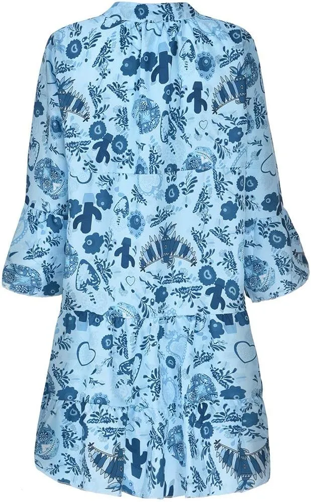Women Casual Summer Sundress Midi Boho Floral Print Dresses Pretty Long Sleeve V Neck Smocked Ruffle Blouse Dress