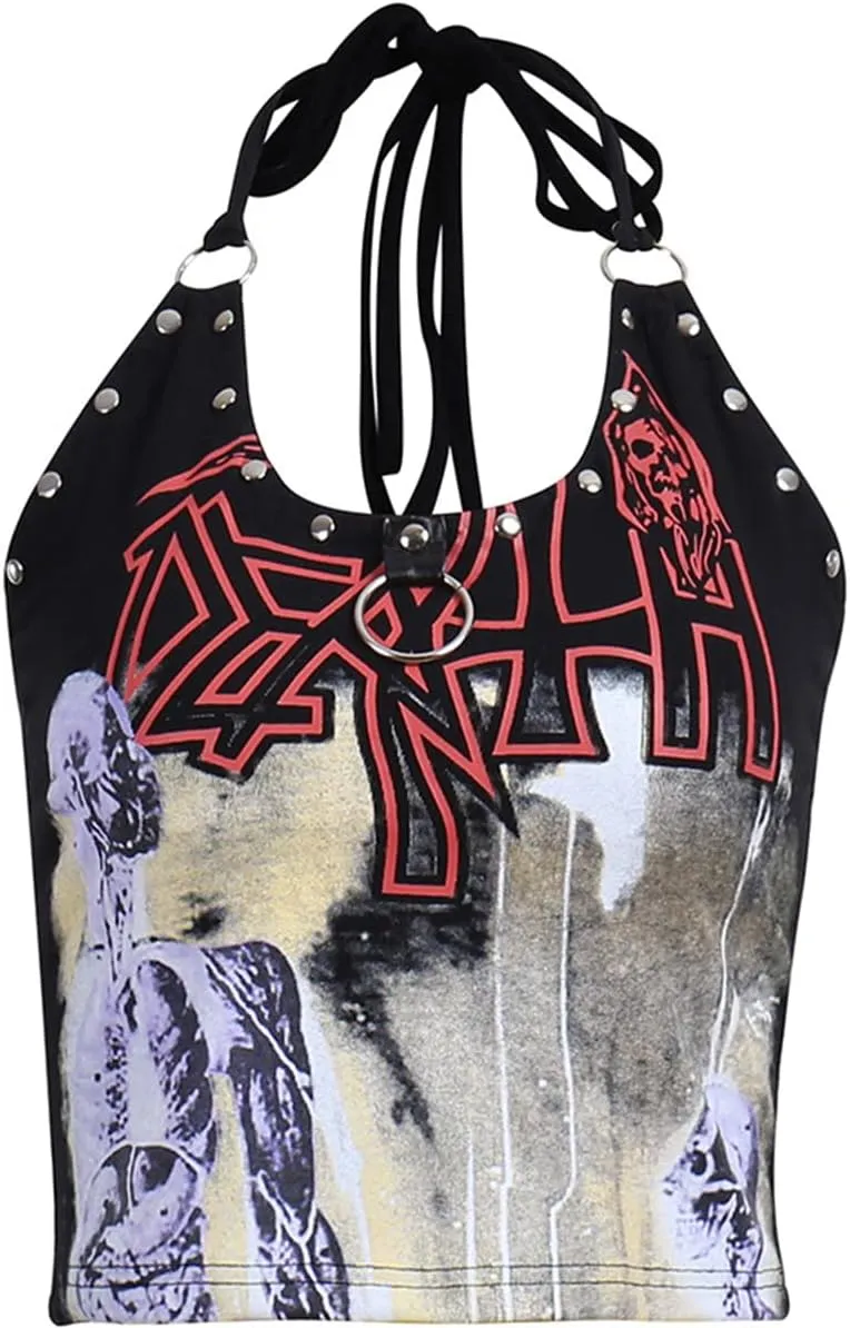 Women Gothic Crop Tops Lace V-Neck Y2k Steampunk Cropped Tank Tops