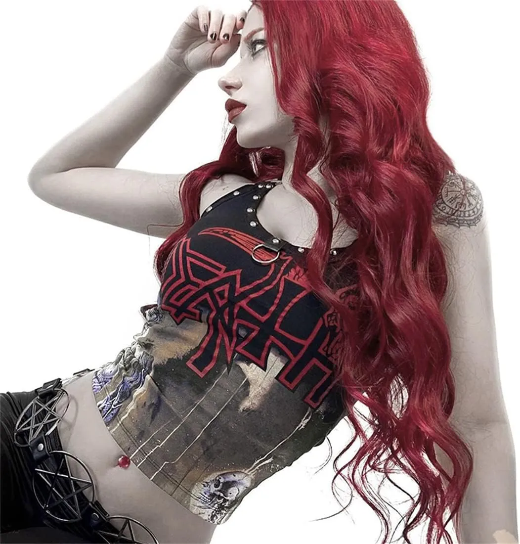 Women Gothic Crop Tops Lace V-Neck Y2k Steampunk Cropped Tank Tops