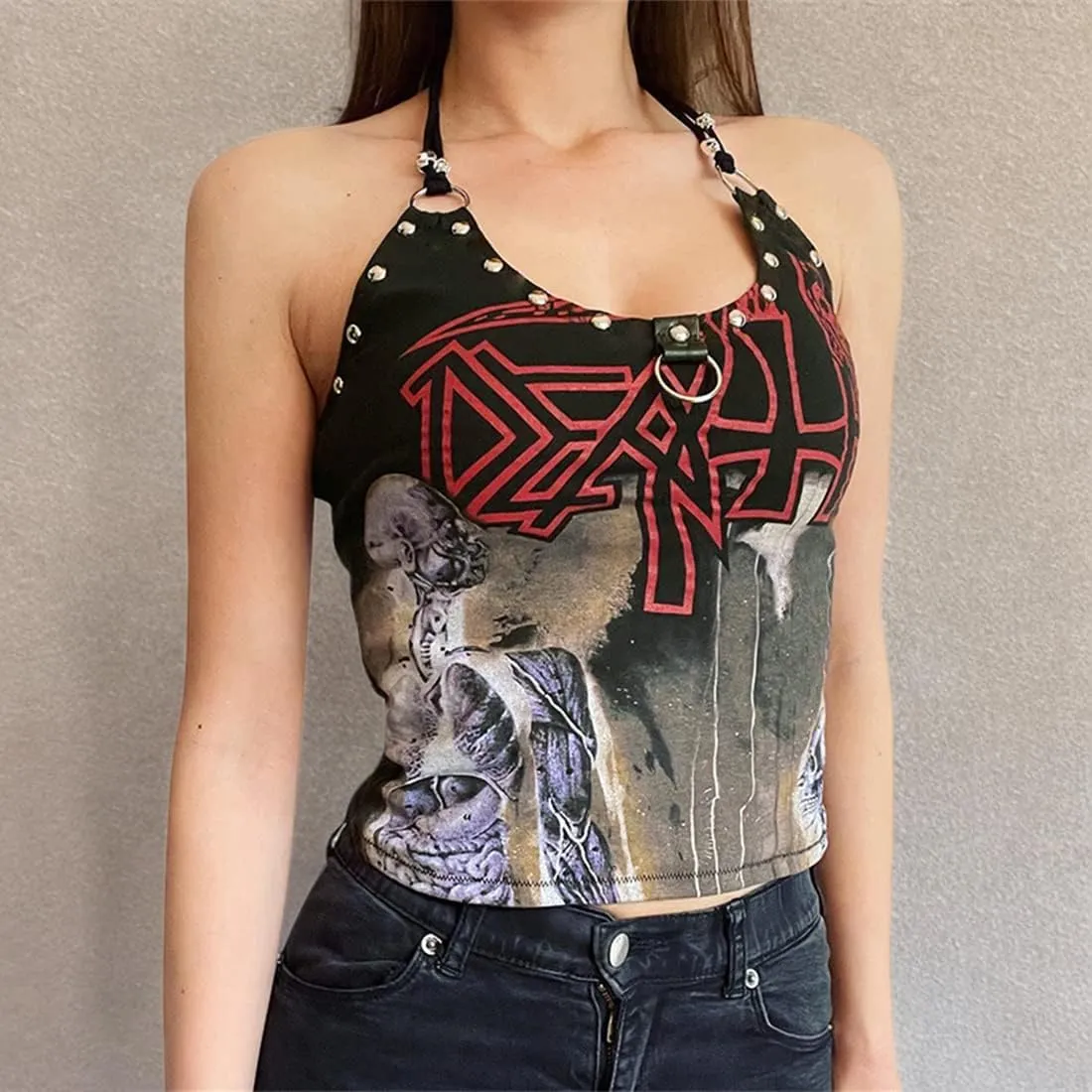 Women Gothic Crop Tops Lace V-Neck Y2k Steampunk Cropped Tank Tops