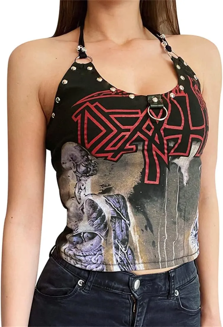 Women Gothic Crop Tops Lace V-Neck Y2k Steampunk Cropped Tank Tops
