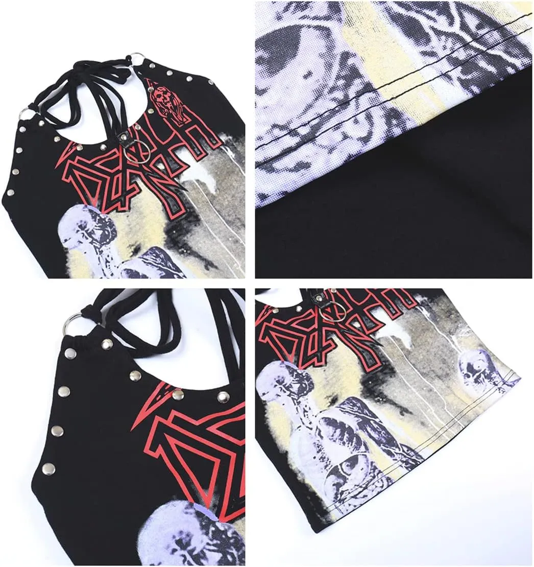 Women Gothic Crop Tops Lace V-Neck Y2k Steampunk Cropped Tank Tops