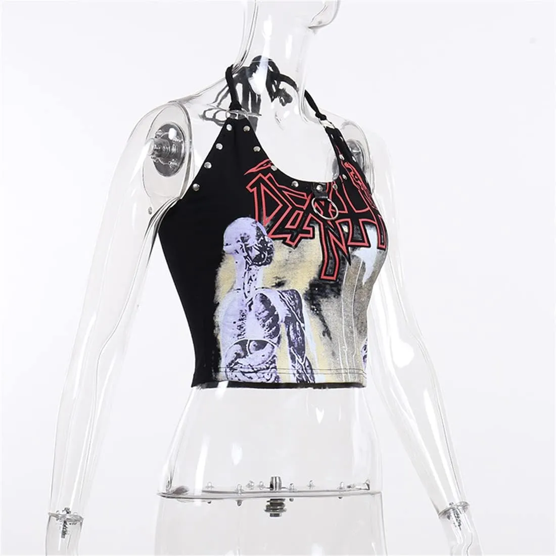 Women Gothic Crop Tops Lace V-Neck Y2k Steampunk Cropped Tank Tops