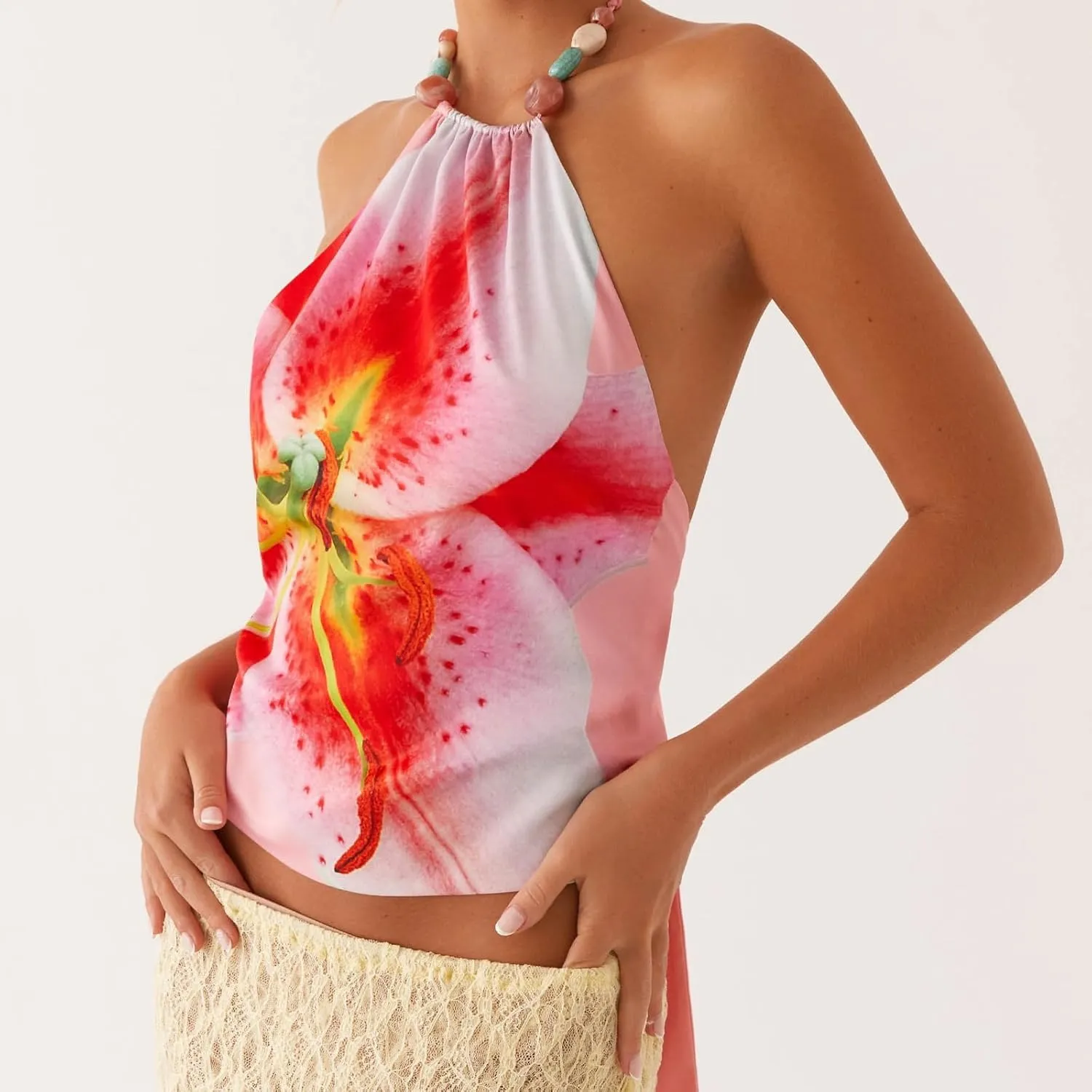 Women Halter Mock Neck Top Sleeveless Bacless Tank Vest Off Shoulder Tie Back Cami Shirt Trendy Going Out Camisole