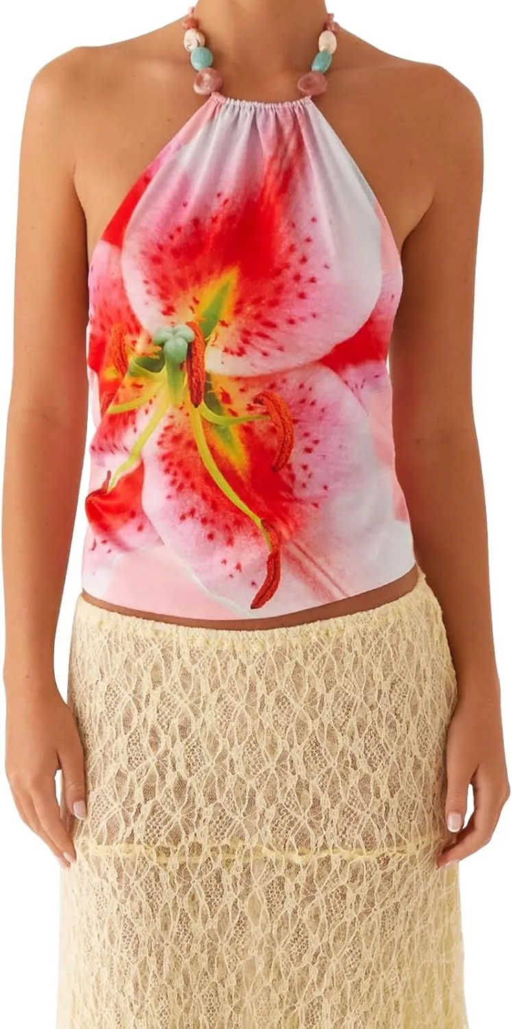 Women Halter Mock Neck Top Sleeveless Bacless Tank Vest Off Shoulder Tie Back Cami Shirt Trendy Going Out Camisole
