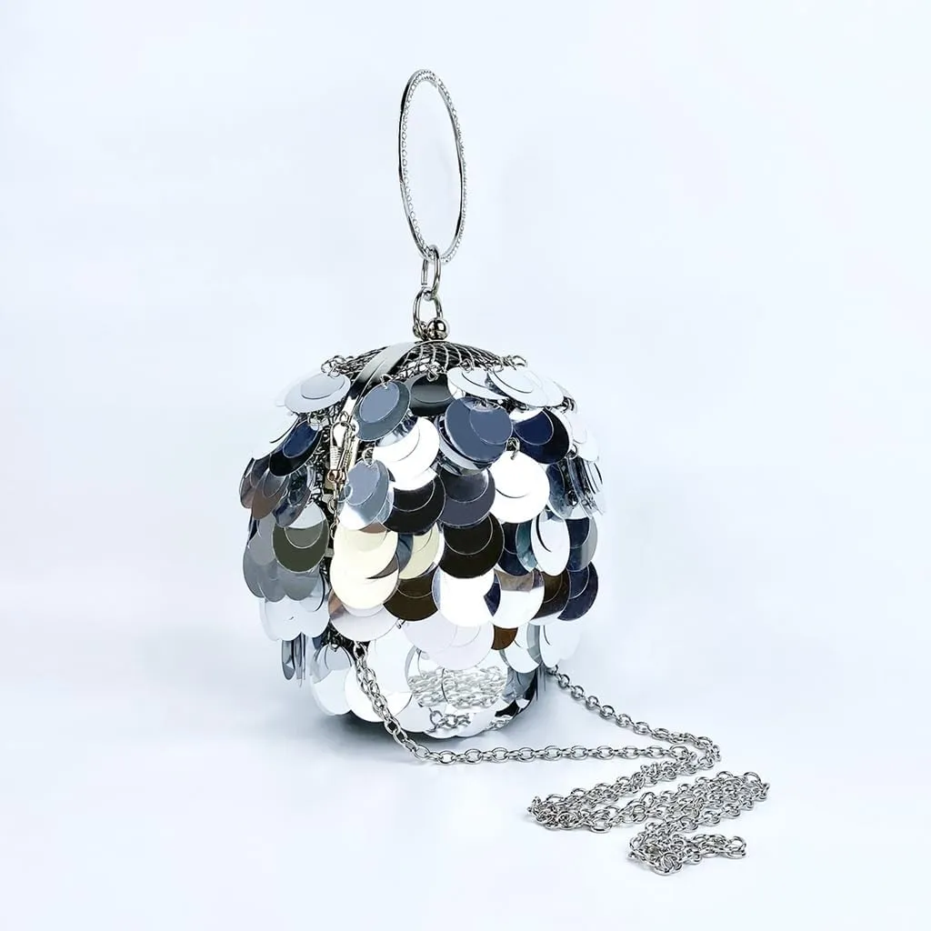 Women Round Ball Sequin Evening Bag Vintage Metal Cage Clutch Purse Glitter Handbag for Disco Bar Party Banquet