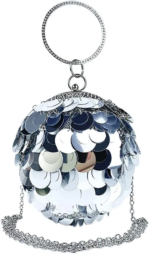 Women Round Ball Sequin Evening Bag Vintage Metal Cage Clutch Purse Glitter Handbag for Disco Bar Party Banquet