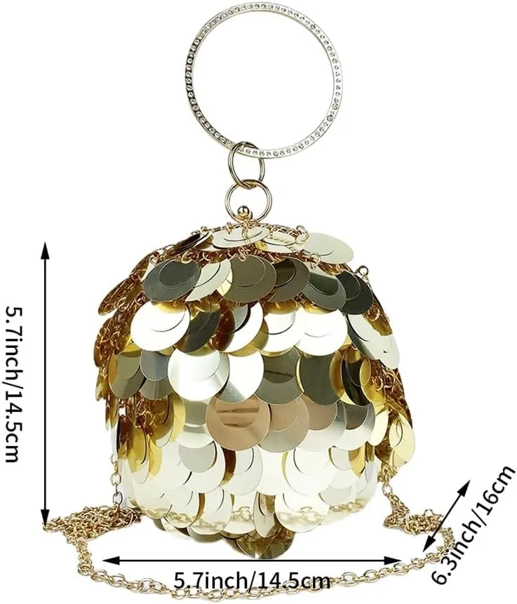 Women Round Ball Sequin Evening Bag Vintage Metal Cage Clutch Purse Glitter Handbag for Disco Bar Party Banquet