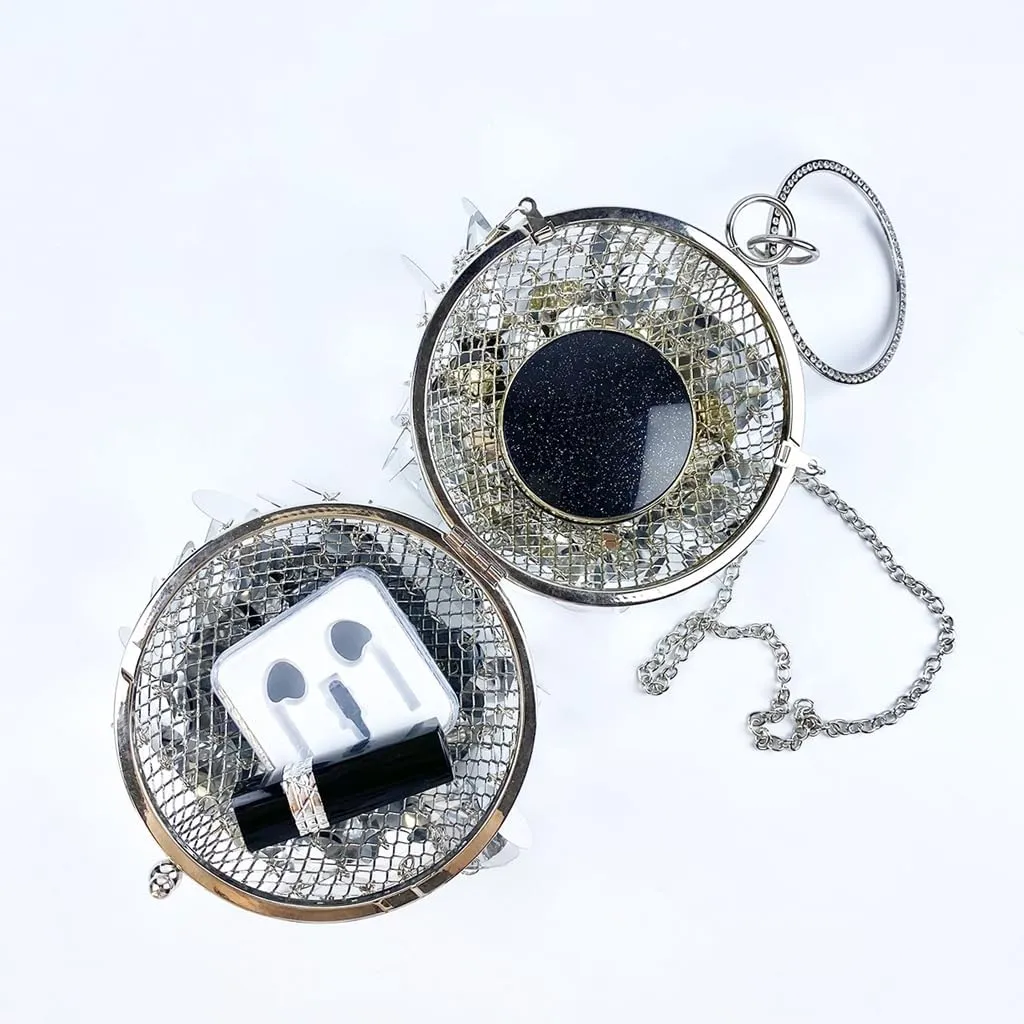 Women Round Ball Sequin Evening Bag Vintage Metal Cage Clutch Purse Glitter Handbag for Disco Bar Party Banquet