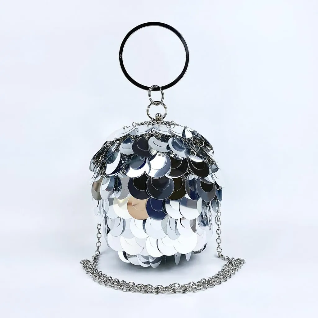 Women Round Ball Sequin Evening Bag Vintage Metal Cage Clutch Purse Glitter Handbag for Disco Bar Party Banquet