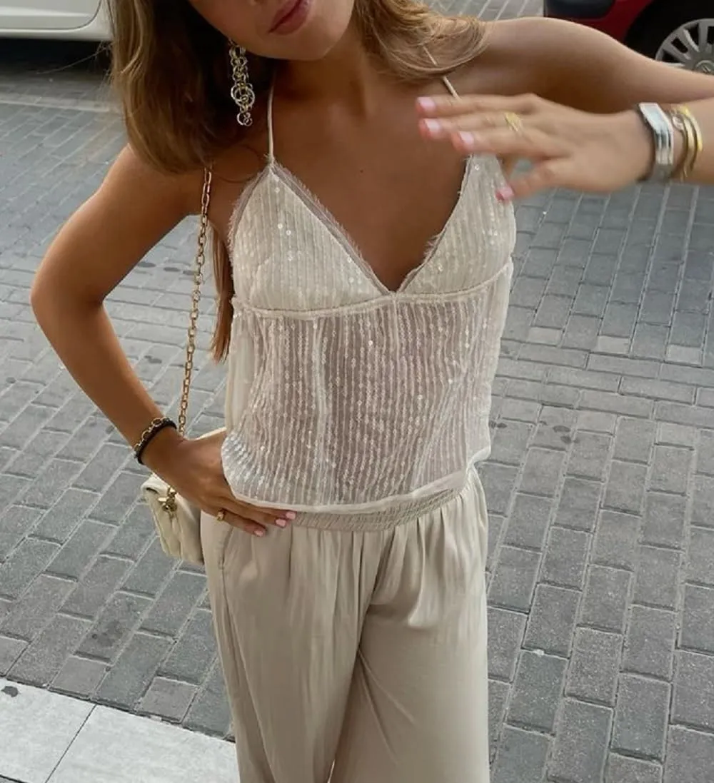 Women Sequin Halter Top Low Cut V Neck Backless Tank Tops Sparkle Shimmer Camisole Sexy Party Rave Tops