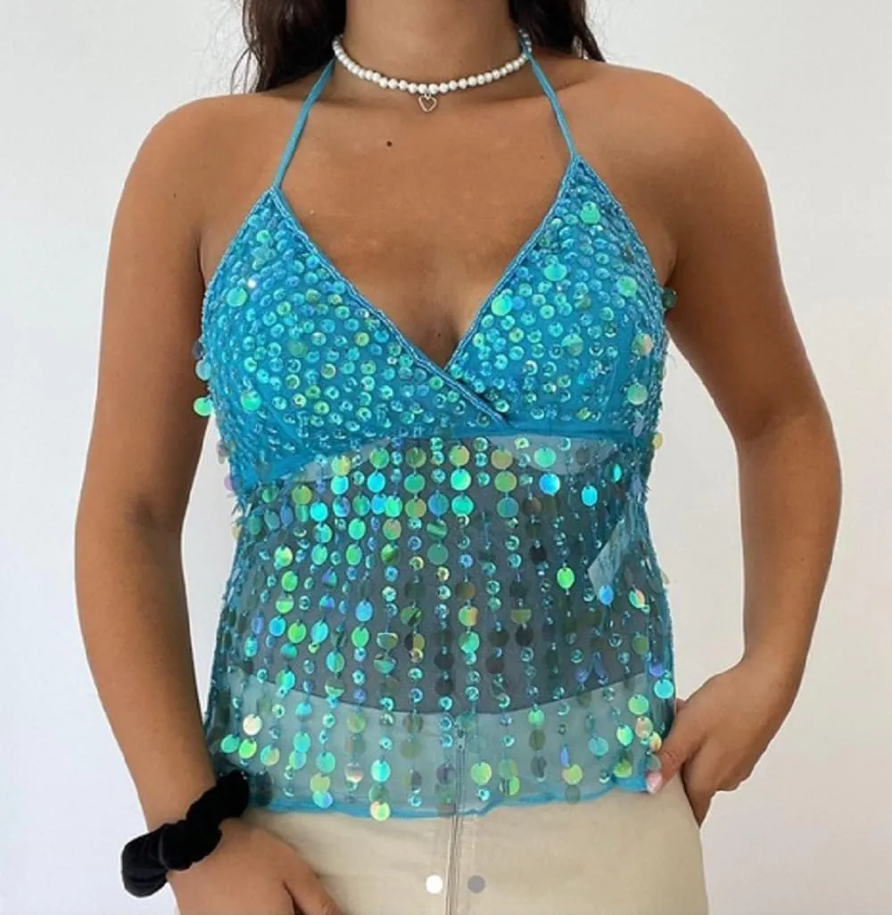 Women Sequin Halter Top Low Cut V Neck Backless Tank Tops Sparkle Shimmer Camisole Sexy Party Rave Tops