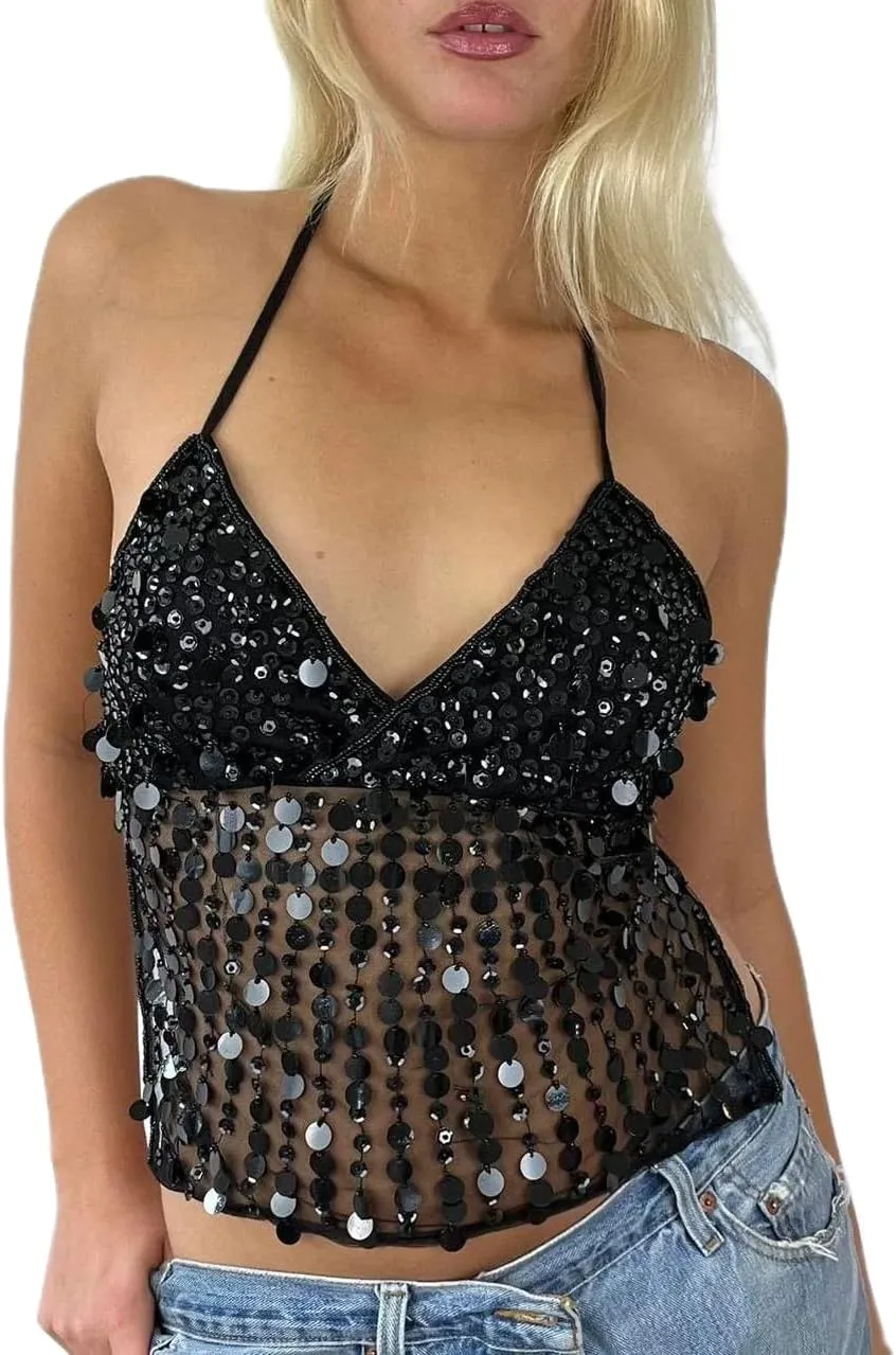 Women Sequin Halter Top Low Cut V Neck Backless Tank Tops Sparkle Shimmer Camisole Sexy Party Rave Tops