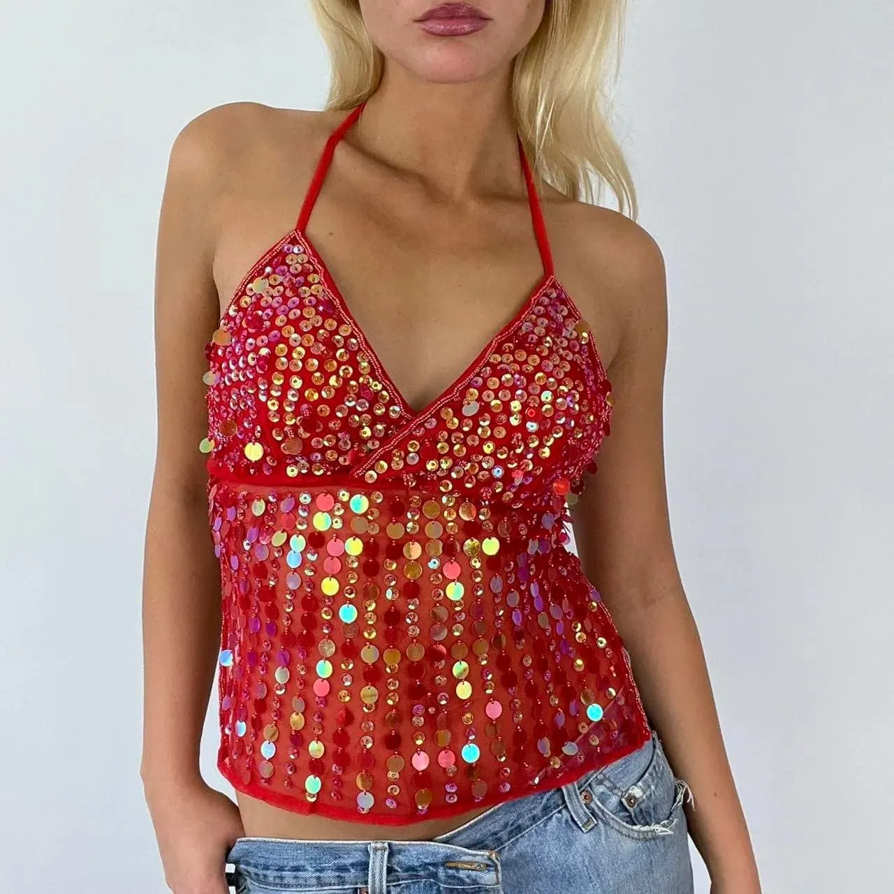 Women Sequin Halter Top Low Cut V Neck Backless Tank Tops Sparkle Shimmer Camisole Sexy Party Rave Tops