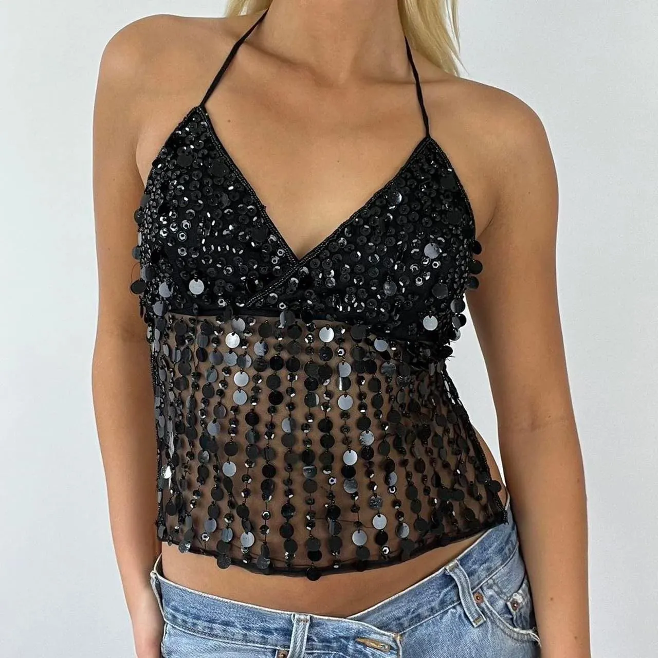 Women Sequin Halter Top Low Cut V Neck Backless Tank Tops Sparkle Shimmer Camisole Sexy Party Rave Tops