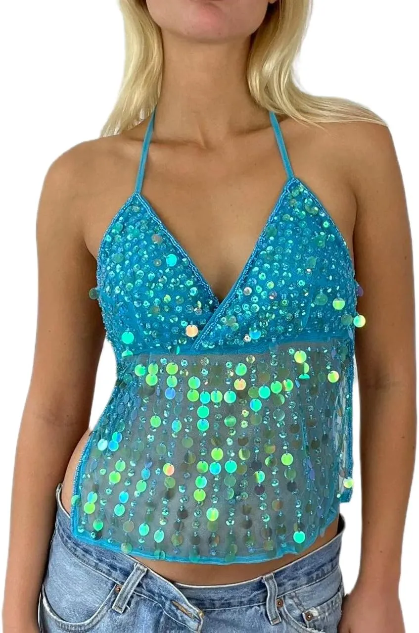Women Sequin Halter Top Low Cut V Neck Backless Tank Tops Sparkle Shimmer Camisole Sexy Party Rave Tops