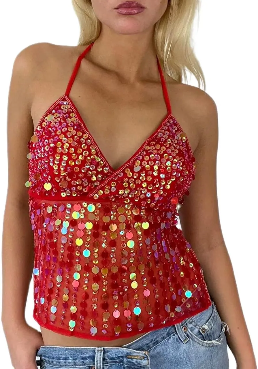 Women Sequin Halter Top Low Cut V Neck Backless Tank Tops Sparkle Shimmer Camisole Sexy Party Rave Tops