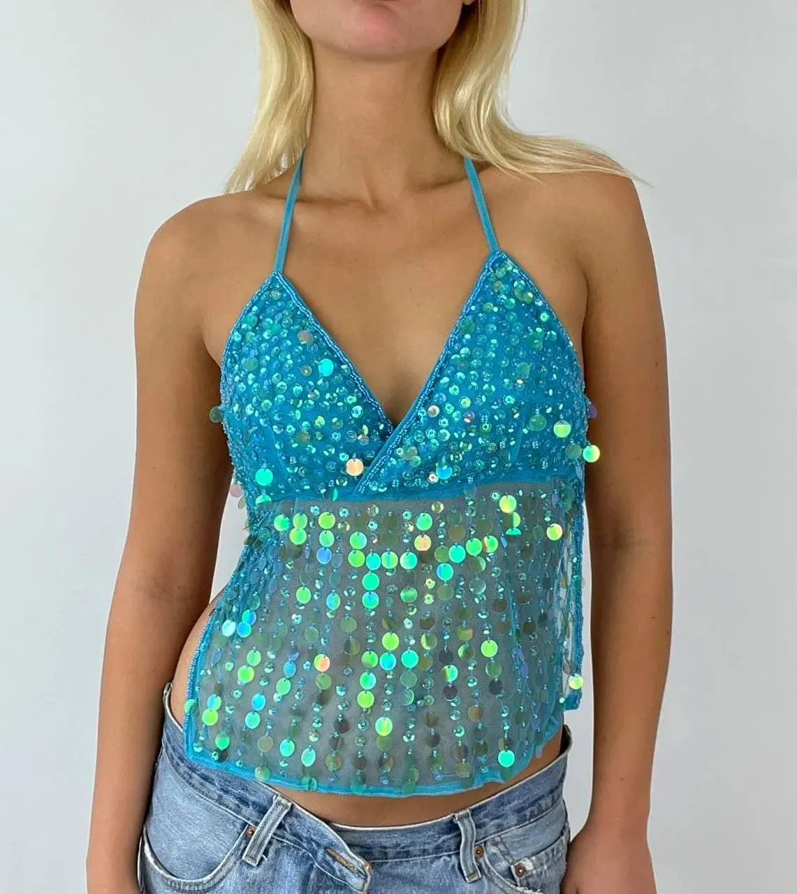 Women Sequin Halter Top Low Cut V Neck Backless Tank Tops Sparkle Shimmer Camisole Sexy Party Rave Tops
