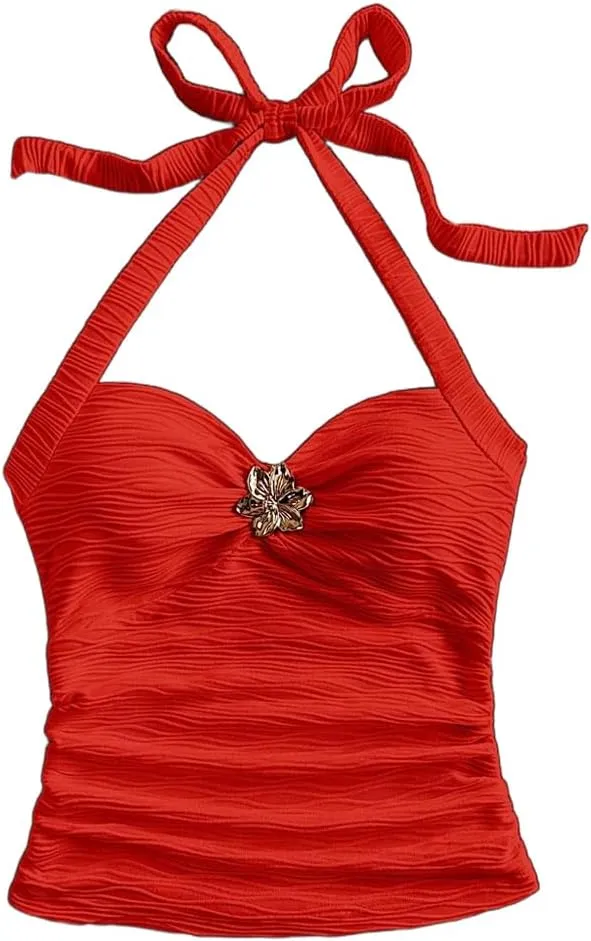 Women Sexy Tie Back Ruched Textured Halter Top Summer Slim Fit Sweetheart Neck Lace Up Backless Knit Tank Shirt