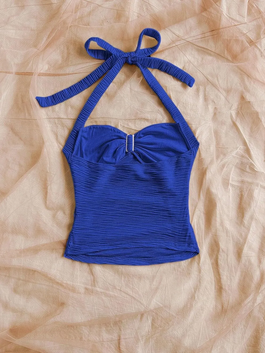 Women Sexy Tie Back Ruched Textured Halter Top Summer Slim Fit Sweetheart Neck Lace Up Backless Knit Tank Shirt