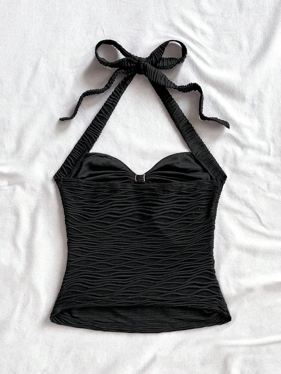 Women Sexy Tie Back Ruched Textured Halter Top Summer Slim Fit Sweetheart Neck Lace Up Backless Knit Tank Shirt