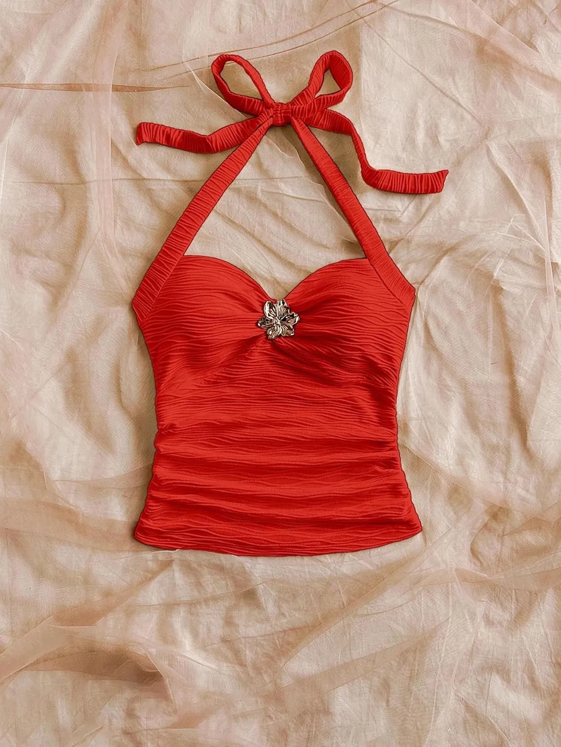 Women Sexy Tie Back Ruched Textured Halter Top Summer Slim Fit Sweetheart Neck Lace Up Backless Knit Tank Shirt