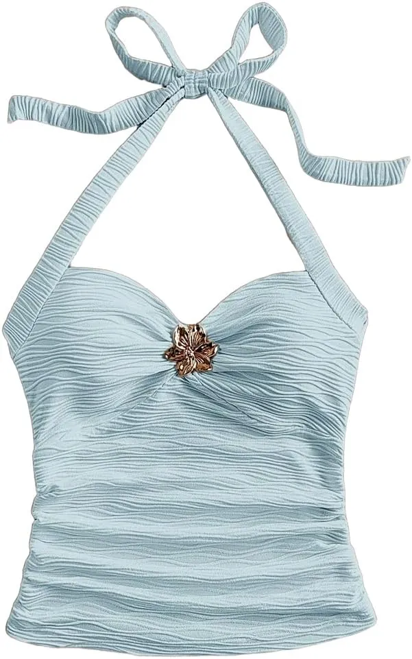 Women Sexy Tie Back Ruched Textured Halter Top Summer Slim Fit Sweetheart Neck Lace Up Backless Knit Tank Shirt