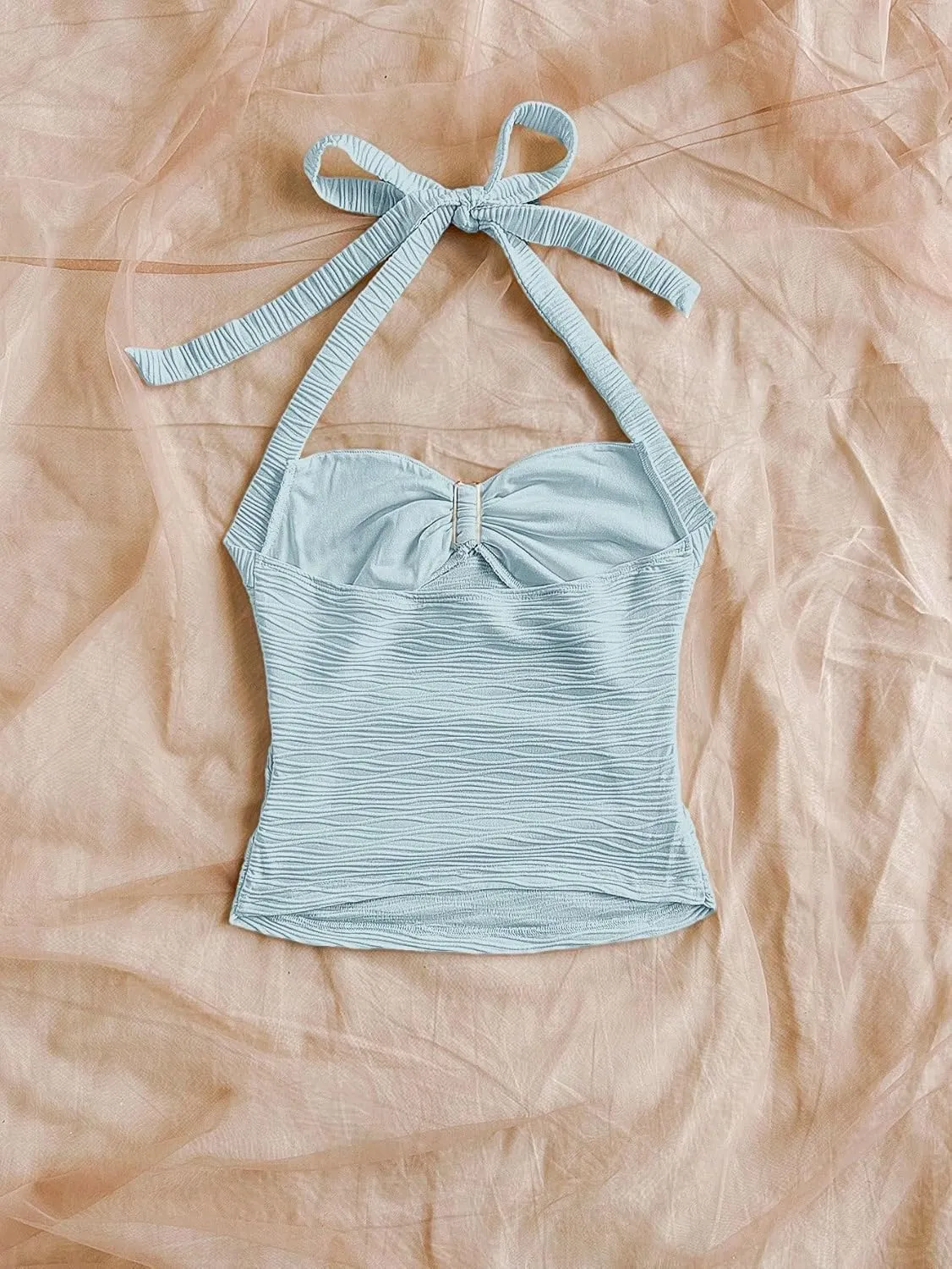 Women Sexy Tie Back Ruched Textured Halter Top Summer Slim Fit Sweetheart Neck Lace Up Backless Knit Tank Shirt