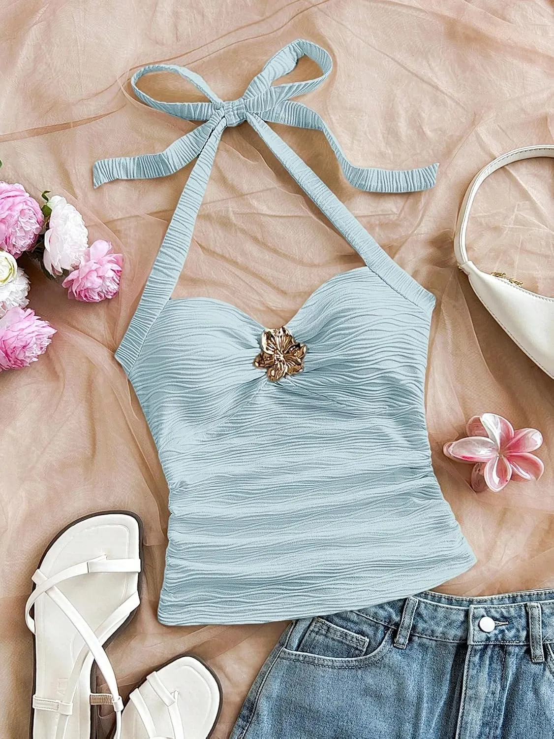 Women Sexy Tie Back Ruched Textured Halter Top Summer Slim Fit Sweetheart Neck Lace Up Backless Knit Tank Shirt