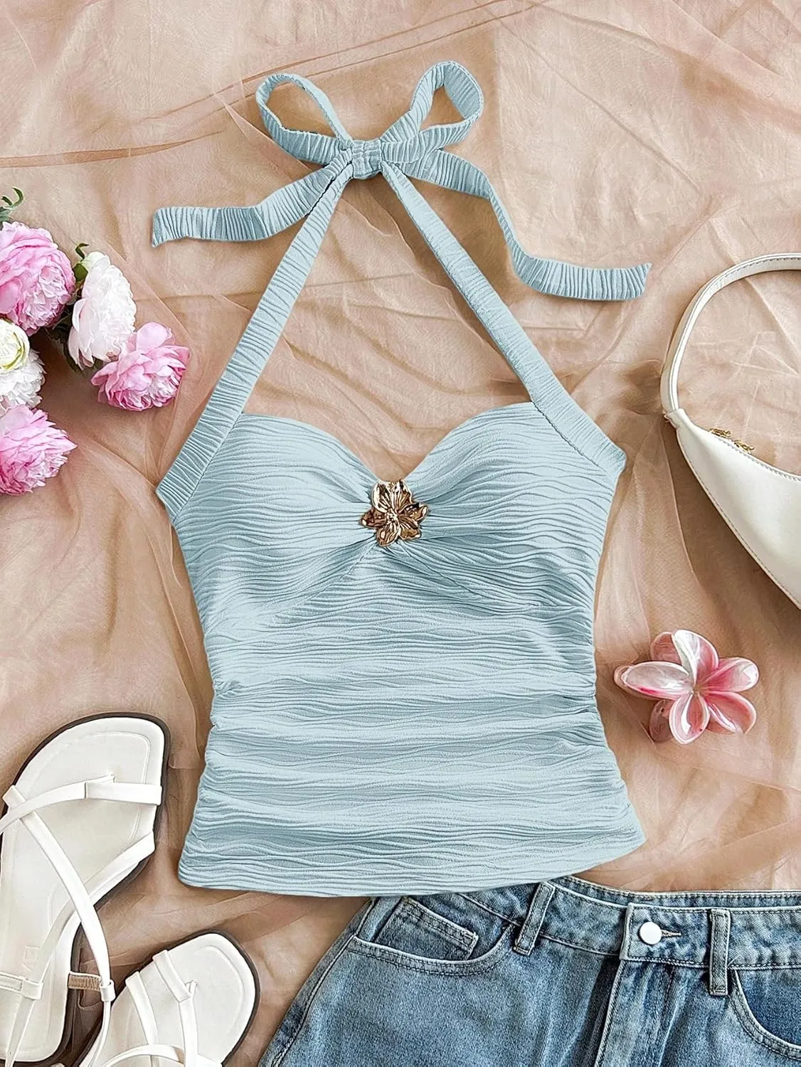 Women Sexy Tie Back Ruched Textured Halter Top Summer Slim Fit Sweetheart Neck Lace Up Backless Knit Tank Shirt