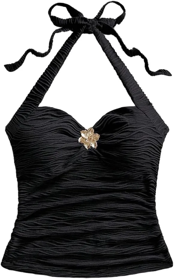 Women Sexy Tie Back Ruched Textured Halter Top Summer Slim Fit Sweetheart Neck Lace Up Backless Knit Tank Shirt