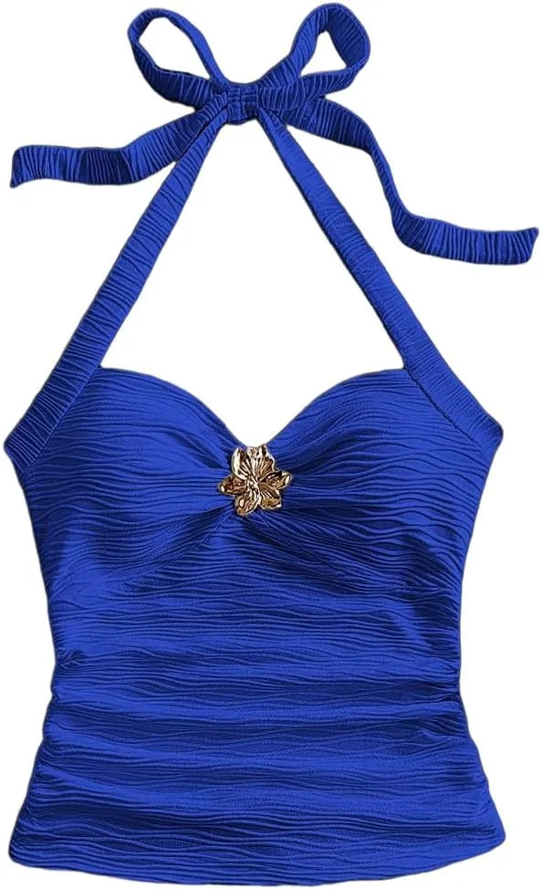 Women Sexy Tie Back Ruched Textured Halter Top Summer Slim Fit Sweetheart Neck Lace Up Backless Knit Tank Shirt