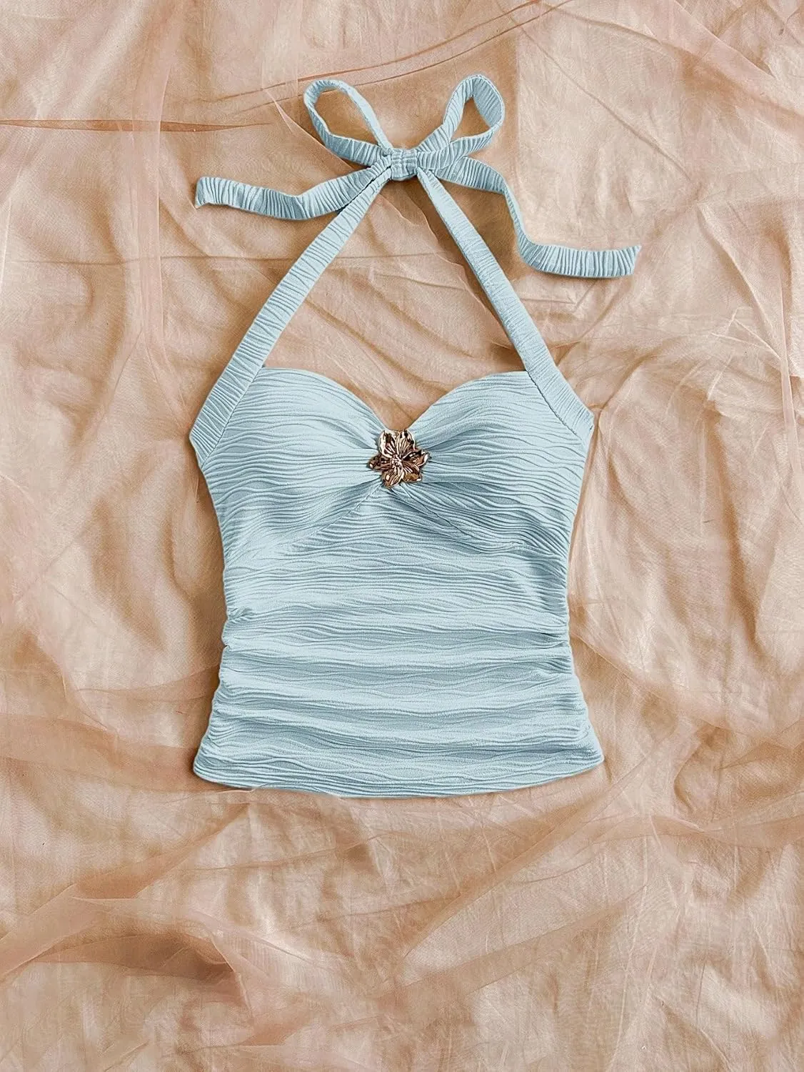 Women Sexy Tie Back Ruched Textured Halter Top Summer Slim Fit Sweetheart Neck Lace Up Backless Knit Tank Shirt