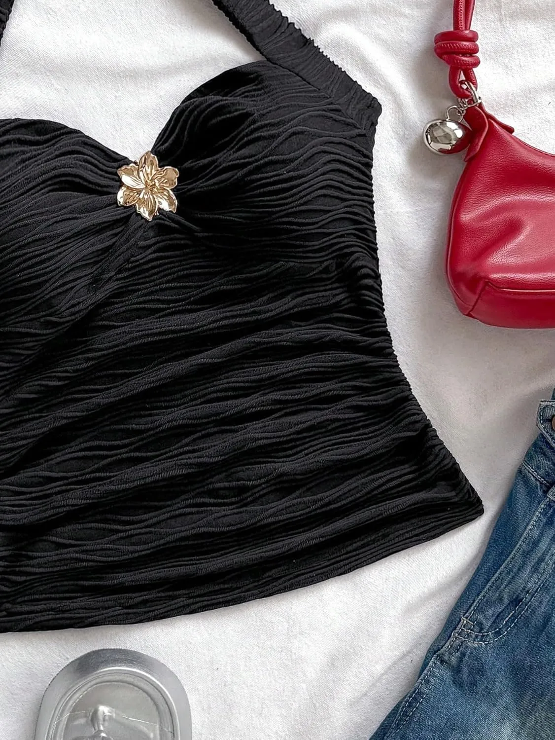 Women Sexy Tie Back Ruched Textured Halter Top Summer Slim Fit Sweetheart Neck Lace Up Backless Knit Tank Shirt