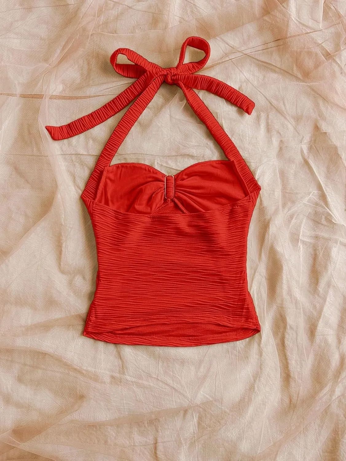 Women Sexy Tie Back Ruched Textured Halter Top Summer Slim Fit Sweetheart Neck Lace Up Backless Knit Tank Shirt